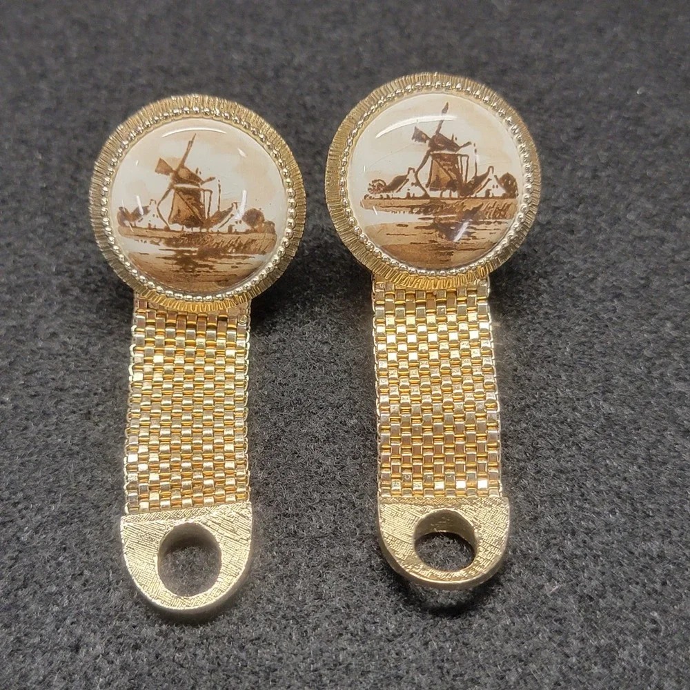 Swank Cufflinks Brown Gold Vintage 1960s Ceramic Delft Windmill Mesh Wrap